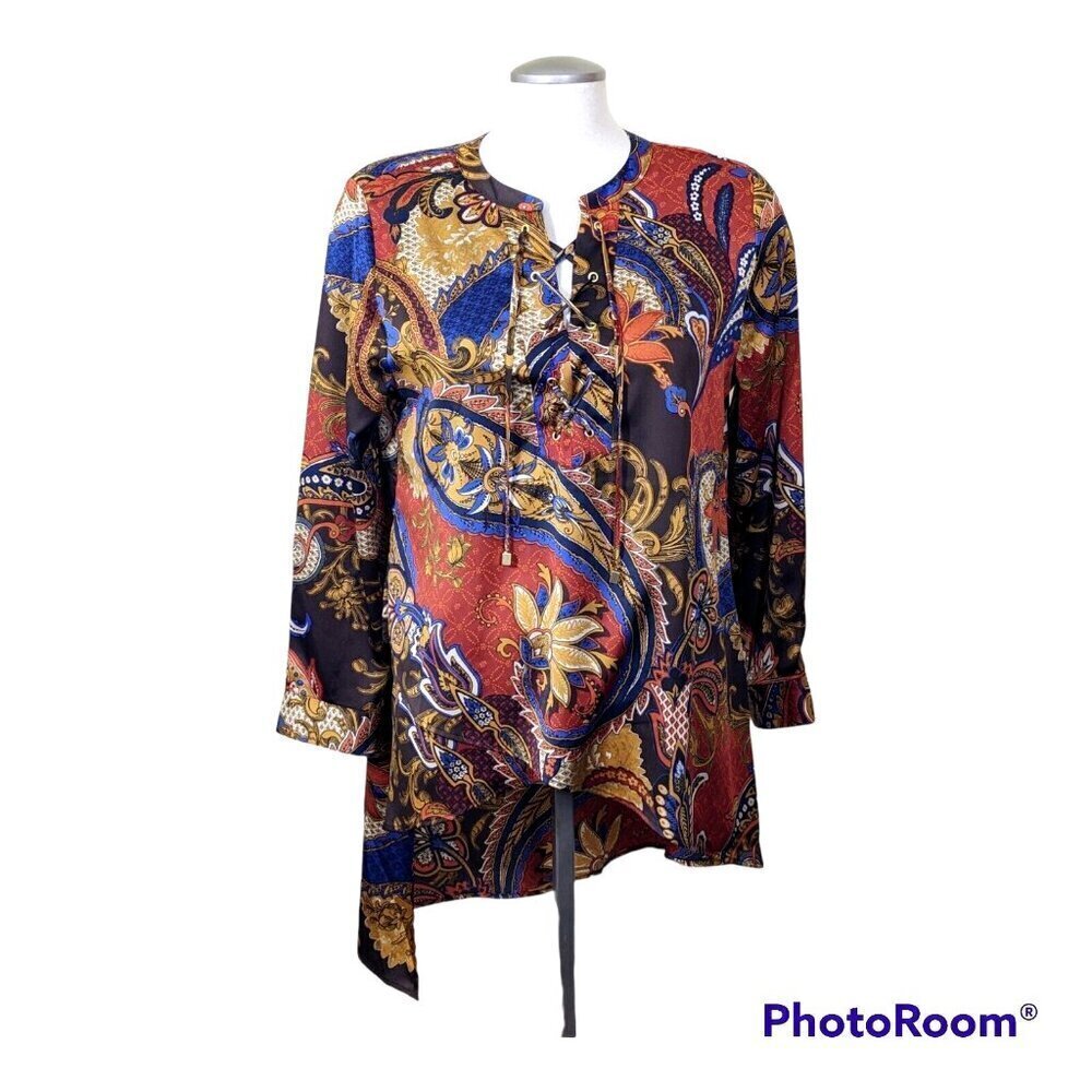 Chicos Top Blouse Womens Size M 8 Petite Multicolor Paisley Floral Lace Up Front